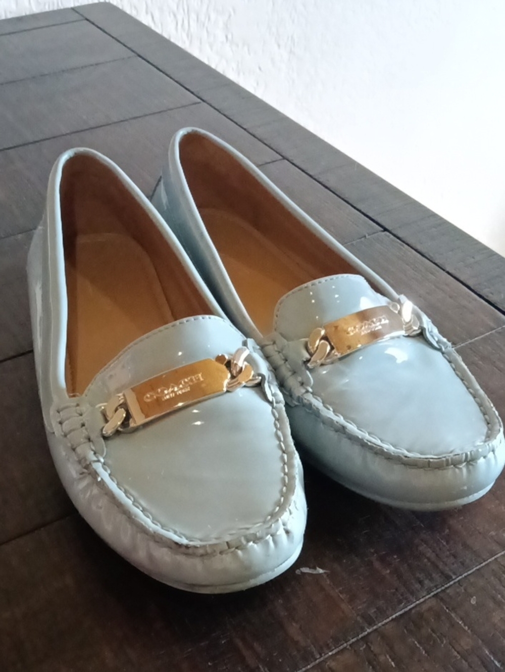 Coach Light Blue Patent Leather Loafers with Gold Plaque